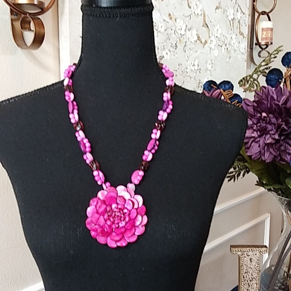 Pink Beaded Stament Necklace With Large Flower Pendant